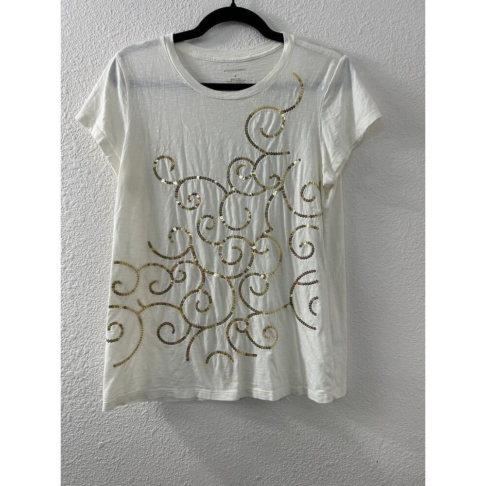 Banana Republic Womens Top Sz L Cream Sequins Short Sleeve T-shirt
